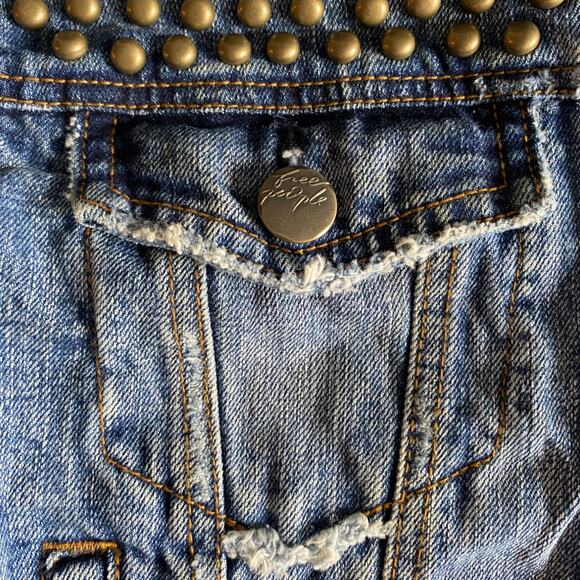 Free People : Brass-tone Studded Patchwork Distressed Boho Denim Jacket : XS - Picture 7 of 16